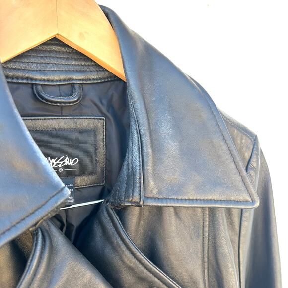 Mossimo Genuine Leather Belted Trench Coat Black Jacket Medium Y2K Buttons - Picture 6 of 10